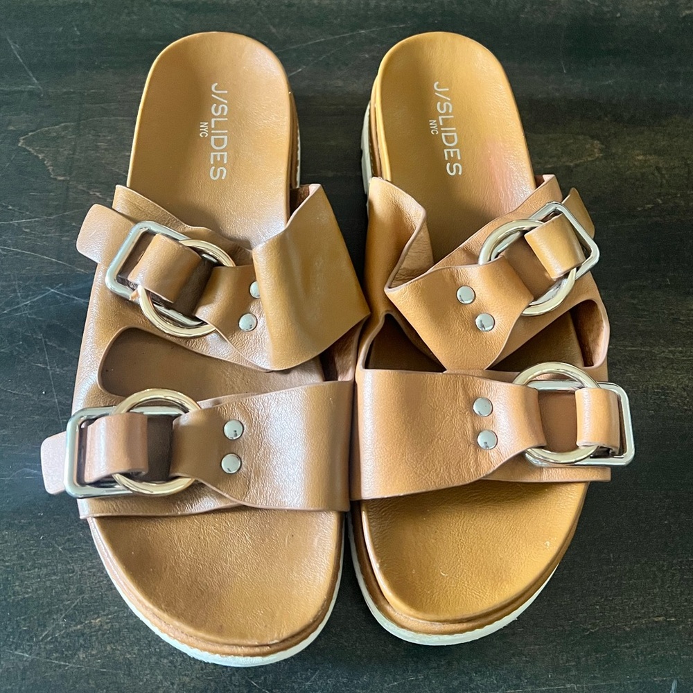 J/SLIDES Tan/cognac Buckle Sandals size 8.5
